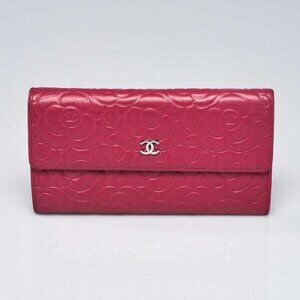 Chanel Dark Pink Black Camellia Embossed Lambskin Leather L Flap Wallet